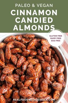 a bowl filled with almonds on top of a red and white checkered table cloth