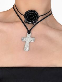 The choker trend is making a comeback and we’re here for it. Featuring a stunning black rose pendant hand strung alongside black leather cord, the 'CHLOE' is bound to have all eyes on you. Wear on its own or stack with our 'ISABEL' choker to easily dress up any look! Made with a black acrylic flower pendant, black leather cord, and 18K gold clasp and chain. 12" inches in length + 3" extension chain. Handmade with love in Los Angeles. Hammered Cross Necklace, Antique Gold Pendant, Cord Choker, Flower Choker Necklace, Spiral Shell, Multi Pendant, Flower Choker, Acrylic Flower, Rose Pendant