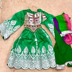 Brand New Custom Made Afghan Eid Party Dress. Ordered For Eid But It’s Not Exactly What I Wanted, Still Very Pretty But I’m Picky With What I Wear . It Has A Few Imperfections Pictured Due To The Nature Of The Material When It Was Made. #Party #Traditional #Culturaldress #Afghandress #Wedding #Engagement #Partydress #Afghanistan Green Embroidered Dress For Dress-up, Festive Embellished Dress-up Dresses, Embellished Fitted Dresses For Eid, Green Embroidered Dress For Dress-up Occasions, Multicolor Dress For Wedding And Party Season, Festive Fitted Dress For Dress-up Occasions, Festive Fitted Dress For Dress-up Events, Festive Fitted Dresses For Formal Occasions, Festive Fitted Party Dress