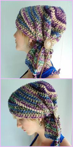 two pictures of a woman wearing a crocheted hat