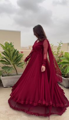 #fashion #dress #aesthetic Red Frock For Women Pakistani, Red Anarkali Dress, Georgette Dresses, Braid Dress, Red Frock, Red Anarkali, Desi Wedding Dresses, Gowns Dresses Elegant