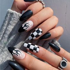 Super Cute And Stylish Ships In 5-10 Business Days Ongles Goth, Long Almond, Black Flame, Punk Nails, Goth Nails, Almond Nails Designs, Almond Acrylic Nails