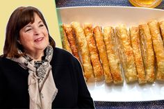 a woman standing in front of a plate of food and an image of bread sticks