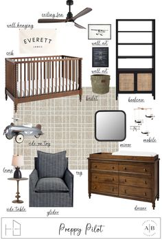 a baby's room with furniture and decor on the walls, including a crib,