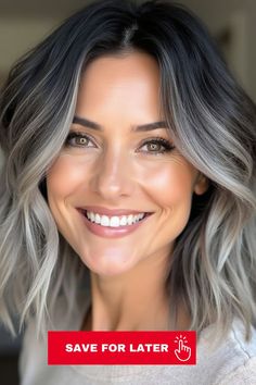 A hairstyle with black hair and silver and gray highlights. The highlights are blended throughout the hair, creating a striking contrast. Gray Highlights On Black Hair, Highlights On Black Hair, Gray Highlights