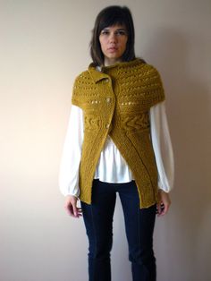 digging this look.. Winter Knit Sweater Vest, Hand Knitted Winter Sweater Vest, Yellow Knitted Winter Cardigan, Fitted Hand Knitted Sweater Vest For Winter, Cozy Hand-knitted Sweater Vest For Winter, Cozy Hand Knitted Sweater Vest For Winter, Hand Knitted Yellow Knitting Pattern, Yellow Hand Knitted Knitting Pattern, Short Shrug