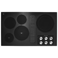 an electric stove top with four burners and knobs on the side, in black