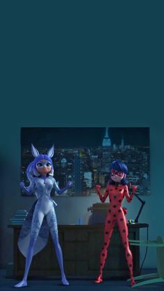 two cartoon characters are standing next to each other in front of a cityscape