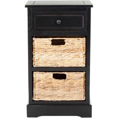 two wicker baskets sit on top of a black wooden cabinet with drawers and handles