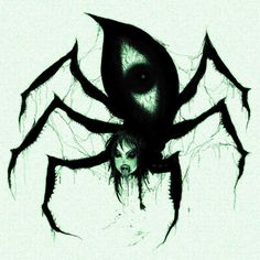 a drawing of a woman in front of a giant spider