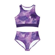 This full-coverage bikini swimwear set features artistic brushstrokes in shades of purple. It combines an athletic style with high-end comfort with 4-way stretch fabric blend (82% polyester, 18% spandex), delivering unmatched comfort for peak performance in the water. Each set comes with a padded bikini top and high-waisted bottoms for timeless style. Available in Womens XS-XL, please see size chart in product images. Due to different screens and settings, colors may not look identical to what you see on your screen. Find all of our Swimwear items here:  https://etsy.me/3JnqkQB Visit the Yellow Pine Apparel shop here:  https://etsy.me/3HoIktx Purple Swimwear For Summer, Fitted Purple Sports Swimwear, Purple Printed Swimwear For Vacation, Purple Printed Swimwear For Pool, Purple Printed Summer Swimwear, Purple Summer Swimming Tankini, Printed Purple Swimwear For Vacation, Summer Printed Purple Swimwear, Purple Tankini For Summer