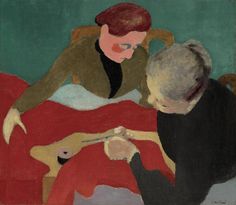 a painting of two people in bed with one holding the other's hand and looking at something