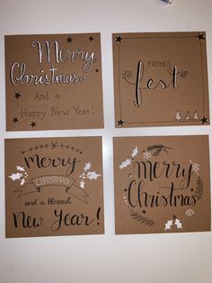 four christmas cards with hand lettering on them