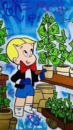 a painting of a cartoon character holding money in front of potted plants with graffiti on the wall behind it