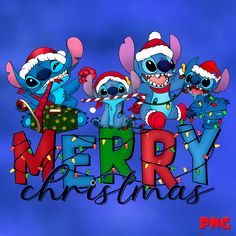 merry christmas from the cartoon stitchers with santa hats and presents on their chests