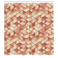 a shower curtain with an abstract pattern in peach and beige colors on the outside of it