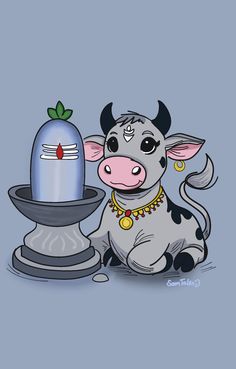 a cartoon cow sitting next to a fountain