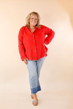 Introducing our "Classic Comfort" top, the epitome of timeless style and ease. Crafted with a button-up front and collared neckline, this blouse exudes sophistication. With charming details like a frayed collar and hemline, along with a front pocket, it adds a touch of modern flair to a classic silhouette. Available in a vibrant cherry red hue, it's perfect for adding a pop of color to any ensemble. Model: Abby is wearing a size large. Maci is wearing a size 2XL. Nancy is wearing a size 2XL. Siz Giddy Up Glamour, College Station, Comfortable Tops, Classic Silhouette, Cherry Red, Timeless Style, Front Pocket, Timeless Fashion, Color Pop