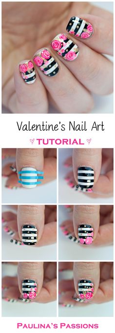 Valentines Roses Nail Art Tutorial by Paulina's Passions Nail Designs For Beginners, Easy Toe Nail Designs, Rose Nail Art, Nail Designs Valentines, Floral Nail Art, Super Nails, Nail Swag, Trendy Nail Art