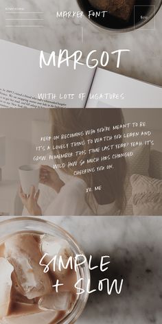 a woman reading a book next to a bowl of ice cream and a cup of coffee