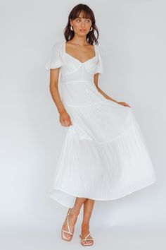 Royce Bow Back Midi Dress White by Selfie Leslie White Dress Midi, Flowy White Dress, Heels Pearl, Cottage Dress, White Flowy Dress, Black And White Outfits, White Mules, Shower Dress, Midi Dress White