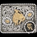 a silver and gold belt buckle with an image of a horse in the center, surrounded by daisies