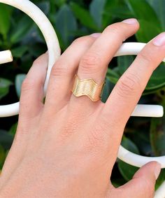 Ric Rac Wide Ring – AH LLC Modern Open Band Wide Ring For Wedding, Modern Open Wide Band Ring For Wedding, Modern Gold Promise Band, Adjustable Elegant Wide Band Ring, Modern Adjustable Wide Band Ring For Wedding, Elegant Adjustable Wide Band Promise Ring, Modern Yellow Gold Rings With Decorative Band, Modern Jewelry With Decorative Band Ring, Elegant Wide Band Ring With Decorative Band For Promise