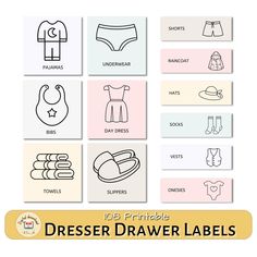 "🏪  Discover the Treasures of Educational Printables at our SHOP on www.etsy.com/shop/MinsaArts 🏷️ HUGU DISCOUNT 60% OFF - \"Unbeatable Value: Buy More, Pay Less!\" A Dresser drawer label system helps find the clothes they want without tearing everything out of the bin. This listing contains 108 Printable Kid's clothing labels. 🔸INSTANT DOWNLOAD This is a DIGITAL FILE (NOT PHYSICAL). You don't have to wait for delivery! 🔸WHAT YOU WILL GET - 2 PDF files of letter size - 10 pages for 2.25 x2.25 inch labels - 6 pages for 3x1 inch ✅ My shop accepts all major CARDS through PayPal. You do not need a PayPal account to purchase items from my shop. 1) Click on \"Check out with PayPal\" 2) Then click on \"Pay with Debit or Credit Card\" 🔸PAPER SIZE - Letter size (8.5 x 11 inches) *It is highly Clothing Storage Labels, Cricut Drawer Labels, Labeling Nursery Drawers, Nursery Drawer Labels, Nursery Dresser Organization Labels, Drawer Labels For Kids Clothes, Kids Clothing Labels, Drawer Labels, File Drawer