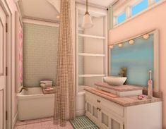 the bathroom is decorated in pastel pinks and whites, with an open shower curtain