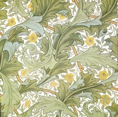 an intricately designed wallpaper with green leaves and yellow flowers on white background, closeup