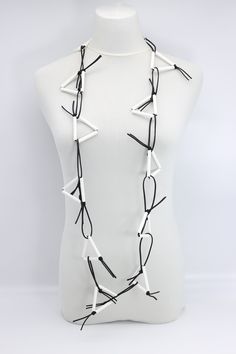 Description: Triangular paper straw on leatherette chain necklace Length: Approximately 140 cm Available colours & Product codes: Black - NL2009-01 Blue/White - NL2009-08 Red/White - NL2009-09 White - NL2009-07 Royal Blue - NL2009-03 White Minimalist Necklace For Party, Minimalist White Necklace For Party, Minimalist White Necklaces For Party, White Chain Long Necklace For Gift, White Long Chain Necklace Gift, White Chain Long Necklace As Gift, White Long Chain Necklace As Gift, White Long Necklace For Party, Modern White Long Necklace