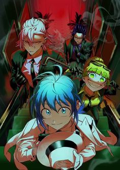 an anime character with blue hair and green eyes sitting in front of other characters on stairs