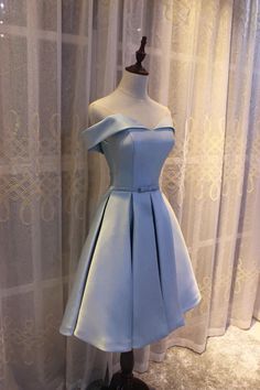 Light Blue Off Shoulder Satin Bridesmaid Dress. Blue Short Formal Dress Bridesmaid Dress Blue, Blue Bridesmaid Dresses Short, Confirmation Dresses, Satin Bridesmaid Dress, Dama Dresses, Short Satin, Short Formal Dress, Prom Dresses Elegant, Satin Homecoming Dress