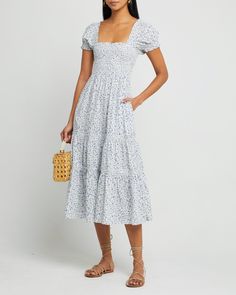 First image of Square Neck Smocked Maxi Dress, a blue maxi dress, smocked, puff sleeves, short sleeves, floral Smocked Dress For Women, Romantic Wardrobe, Spring Summer Capsule Wardrobe, Snow White Dresses, Smocked Maxi Dress, Daphne Dress, Timeless Outfits, Sunday Dress, Milly Dress