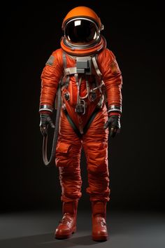 an orange astronaut suit is shown on a black background