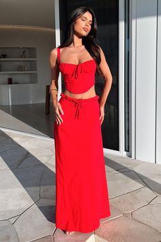 Nakia Top - Red Long Skirt And Top Set, Red Two Piece Outfit, Red Long Skirt, Crop Outerwear, Orange Swimwear, Green Swimwear, Summer Formal Dresses, Red Two Piece, Red Swimwear