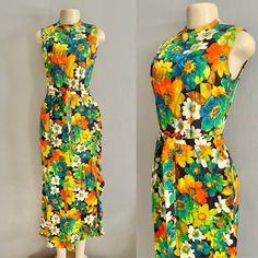 "Wonderful late 60s early 70s Flower Power Maxi Dress by Liberty Circle. With a beautiful Floral pattern, this sleeveless dress features ruffles from the side of the waist all the way down (on the side), and a belt. Back zipper, and hook at the top of the back. No Size Label. Estimated size S. Approx Flat Measurements: (Mannequin measures 34\" in the bust area, 26\" in the waist, and 36\" in the hip) Bust: 34\" Waist: 26\" Length: 55\" In good vintage condition, the hook closure on top is showin 1970s Sleeveless Floral Print Dress, 1970s Style Sleeveless Floral Print Dress, 70s Flower Power, 70s Women Fashion, 1970s Fashion, Size Label, Flower Fashion, Yellow Orange, Vintage Flowers