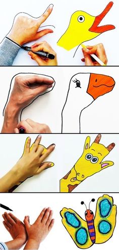 four different pictures of hands and birds with one hand holding a pencil, the other drawing something