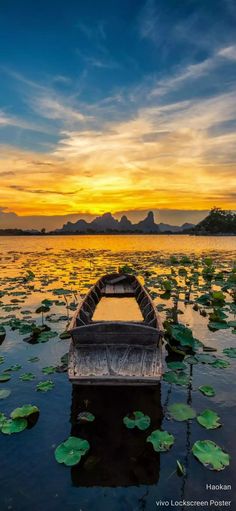 a small boat floating on top of a lake covered in lily pads at sunset with mountains in the distance