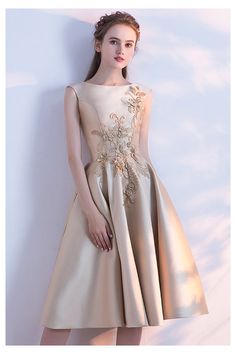 10% off now! Shop champagne aline wedding party dress with embroidery online. Sheprom offers formal, party, casual & more style dresses to fit your special occasions. Short Evening Dress, Simple Satin, Homecoming Dress Short, Gold Bridesmaid Dresses, Gold Prom Dresses, Satin Homecoming Dress, Prom Dresses Sleeveless, Prom Dresses For Sale, Evening Dresses Short