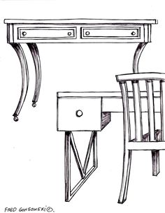 a drawing of a desk and chair