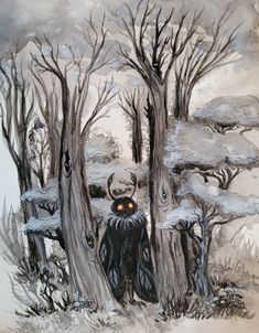 a drawing of a man standing in front of trees with an evil face on it