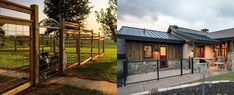 two pictures side by side one has a fence and the other has a house with a metal roof