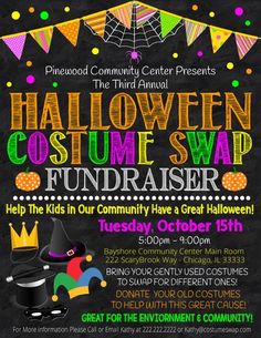 the halloween costume swap fundraiser flyer for kids in community center on friday, oct 15