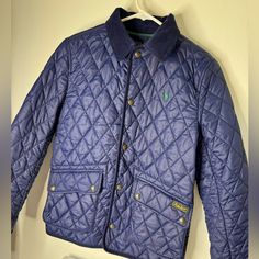 Polo X Navy-Blue/ Green X Diamond-Quilted Jacket/ Only Worn Once Preppy Blue Outerwear For Fall, Navy Preppy Long Sleeve Outerwear, Blue Long Sleeve Quilted Winter Jacket, Blue Long-sleeve Quilted Jacket For Winter, Blue Long Sleeve Quilted Jacket For Winter, Preppy Fitted Winter Outerwear, Fitted Preppy Winter Outerwear, Fitted Preppy Outerwear For Winter, Preppy Fitted Blue Outerwear