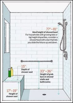 the bathroom shower is shown with measurements