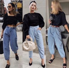 Slouchy Pants Outfit, Denim Joggers Outfit, Slouchy Jeans Outfit, Slouchy Outfit, Joggers Outfit Women, How To Focus, Outfit Elegantes, Black Beret, Blue Jean Outfits