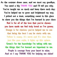 an image of a poem written in rainbow colors on white paper with the words thank you