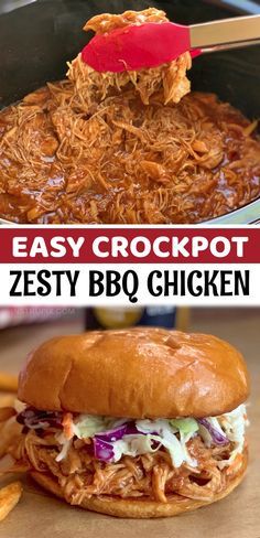 an easy crockpot recipe is made with shredded meat and bbq chicken it's ready to be served in the slow cooker