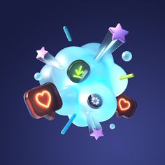 an image of a blue object with hearts and arrows on it's side, surrounded by stars